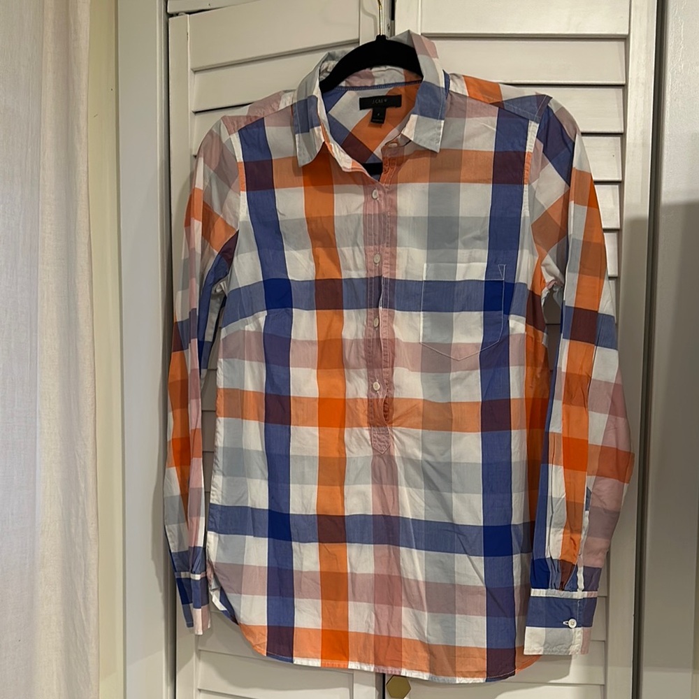 Vibrant Blue and Orange Plaid Casual Button Down Shirt